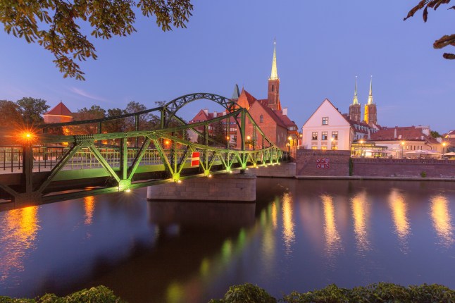 Tumski Bridge and Cathedral Spires at Night, Wroclaw, Poland