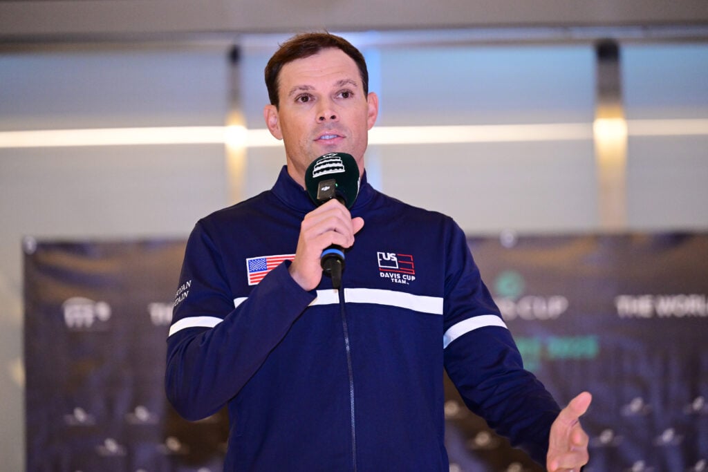 Team captain Bob Bryan of the USA attends a press conference prior to the Davis Cup Qualifier first round match between Chinese Taipei and USA at Taipei Tennis Center.
