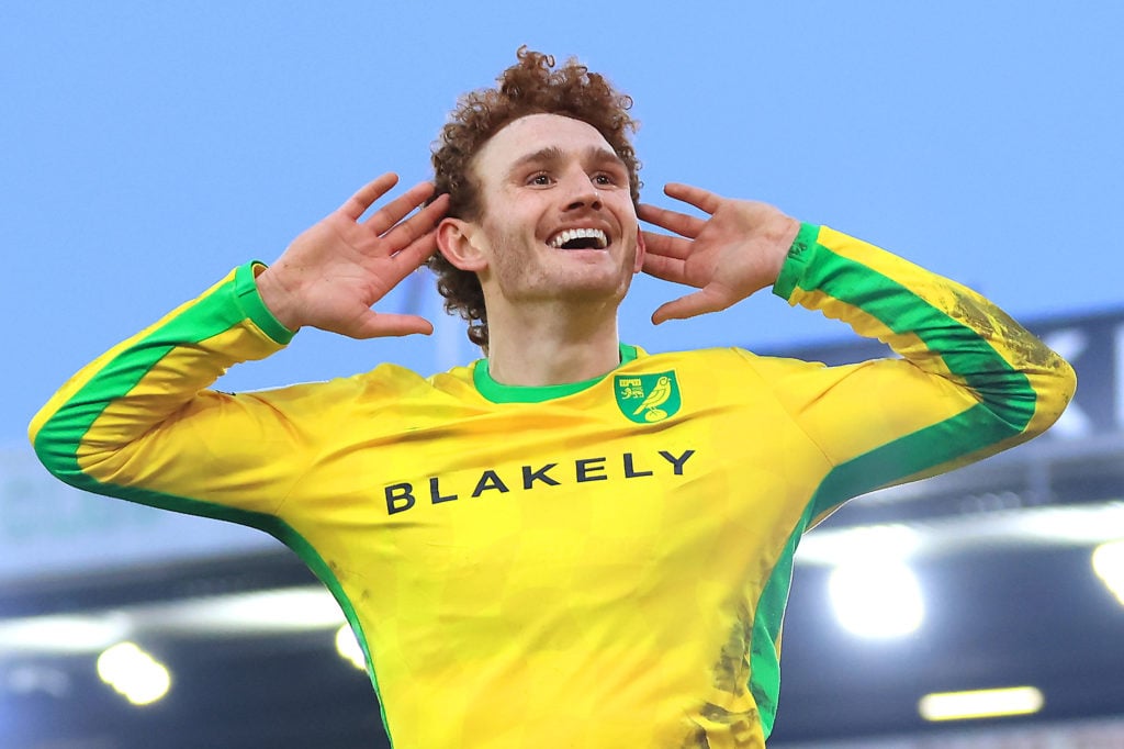 Josh Sargent celebrates as he scores for Norwich against Derby.