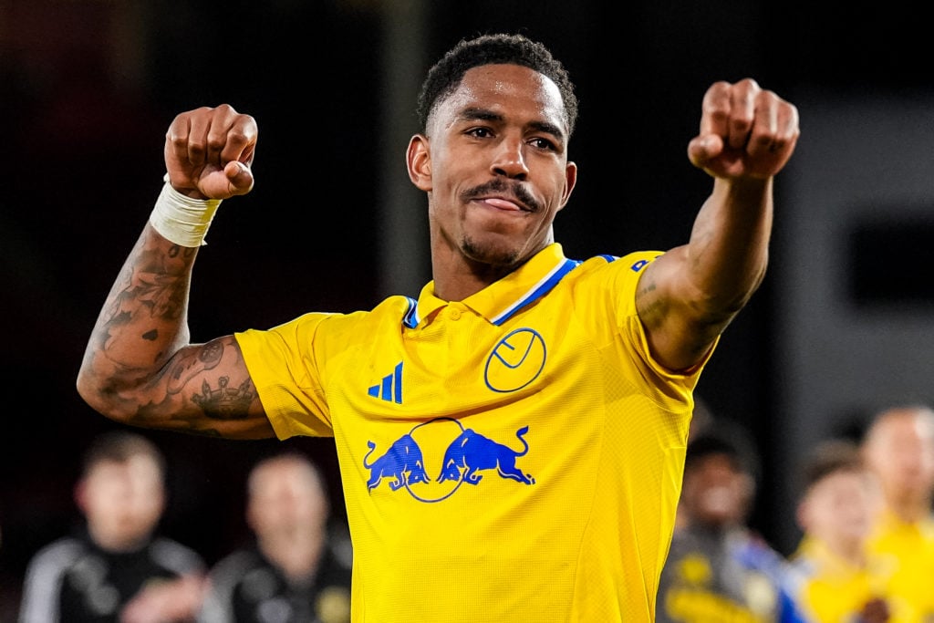 Junior Firpo celebrating after scoring for Leeds United vs Sheffield United.