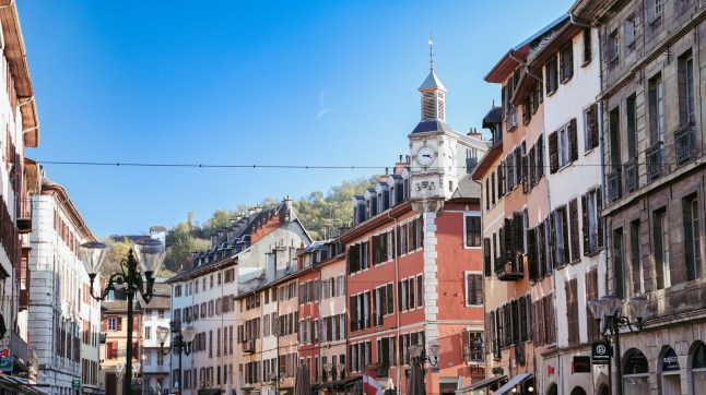 Streets of Chambery France show vibrant architecture under clear blue sky