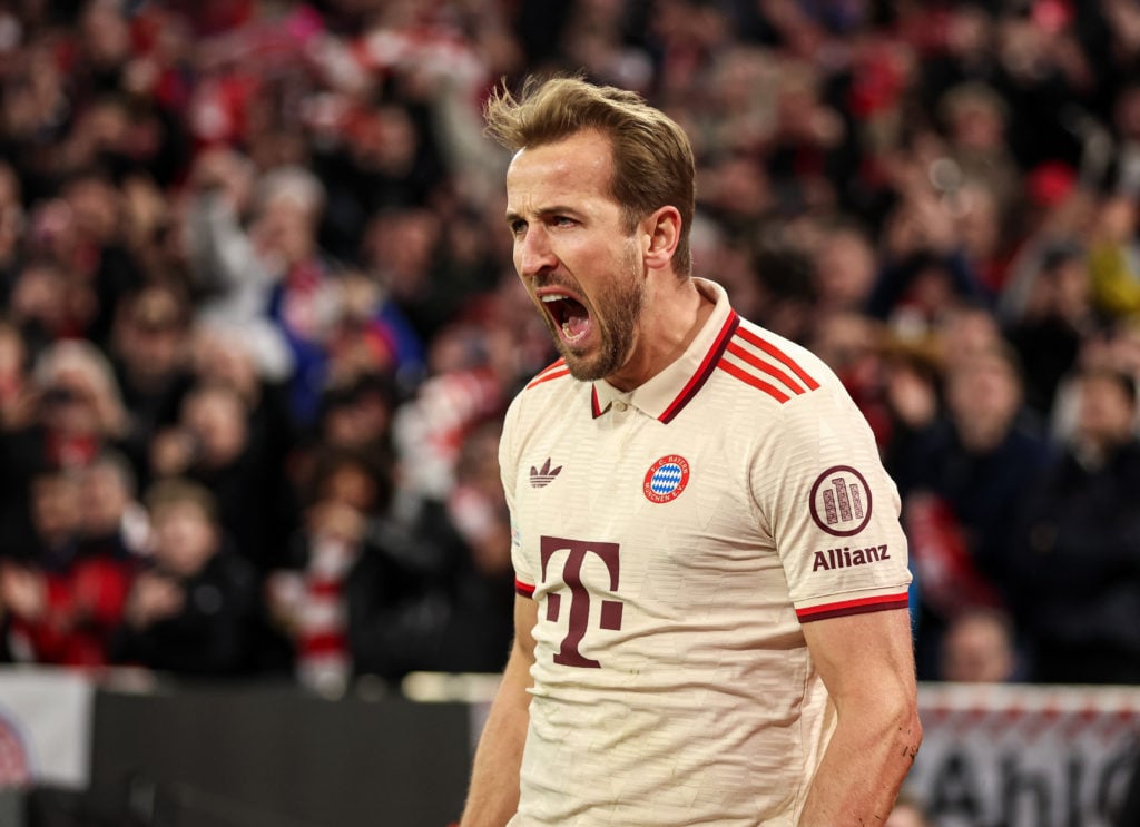 Harry Kane celebrates scoring for Bayern Munich