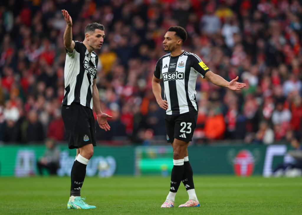 Jacob Murphy and Fabian Schar during the Carabao Cup final between Newcastle United and Liverpool.