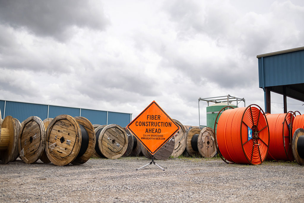 Cajun Broadband's materials are seen in Youngsville, La. in March. The company won a $33 million grant under the federal BEAD broadband program before it was revised by the Trump administration.  (Kathleen Flynn for the Washington Post via Getty Images)