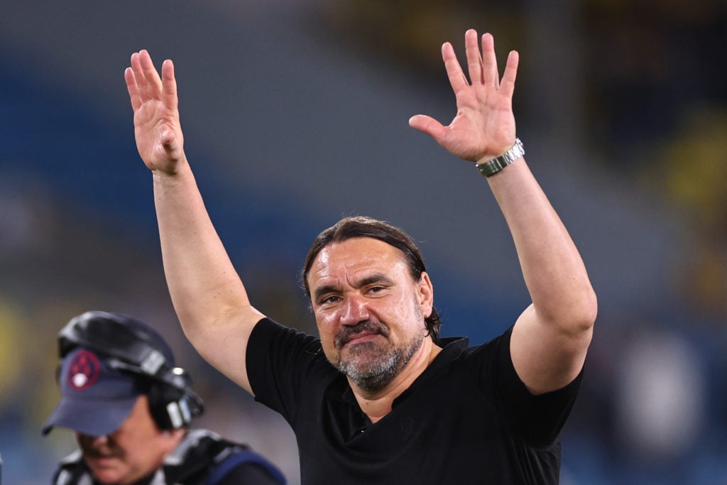 Leeds United manager Daniel Farke celebrates winning promotion from the Championship.