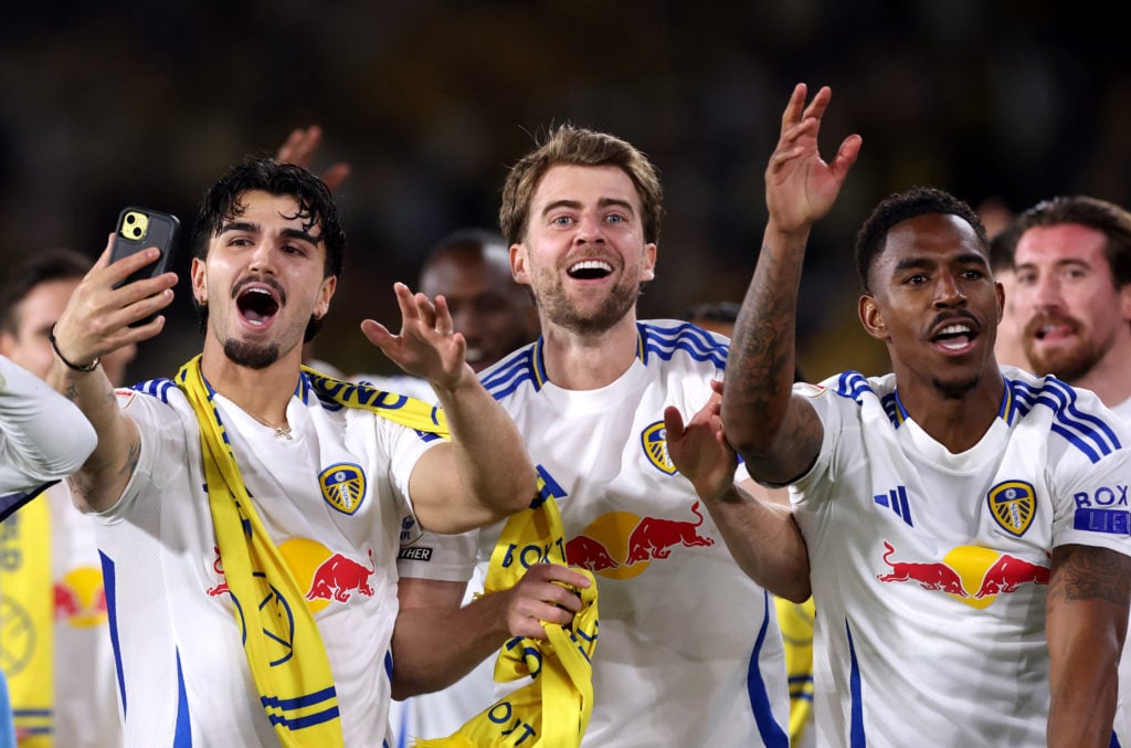 Pascal Struijk, Patrick Bamford and Junior Firpe celebrate promotion following Leeds United FC v Bristol City FC - Sky Bet Championship