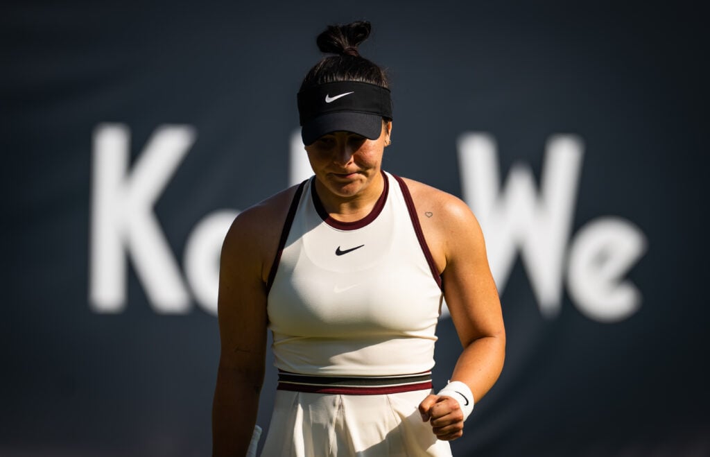 Bianca Andreescu reacts during her defeat to Amanda Anisimova at the Berlin Open