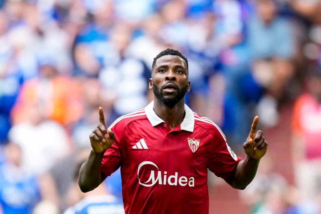 Kelechi Iheanacho of Sevilla FC celebrates after scoring against Schalke