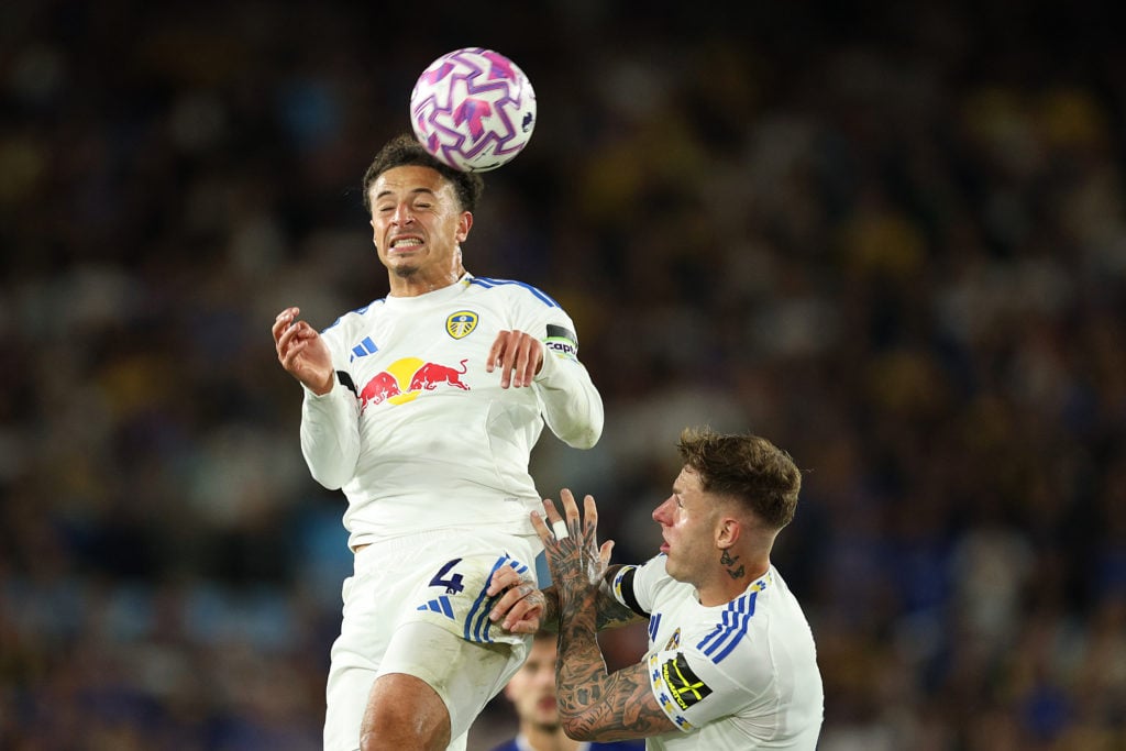 Ethan Ampadu wins a header during Leeds United v Everton - Premier League