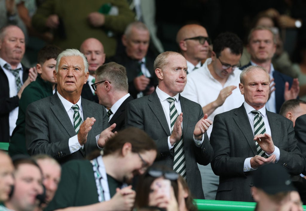 Celtic board members Peter Lawwell and Michael Nicholson are seen during the Premier League match between Celtic and Livingston at Celtic Park