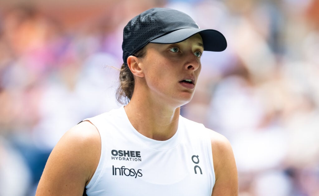 Iga Swiatek of Poland in action against Suzan Lamens of the Netherlands in the second round on Day 5 of the US Open at USTA Billie Jean King National Tennis Center.
