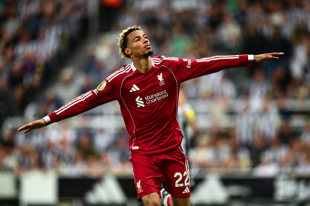 Hugo Ekitike celebrates after scoring for Liverpool against Newcastle United in the Premier League at St James' Park.
