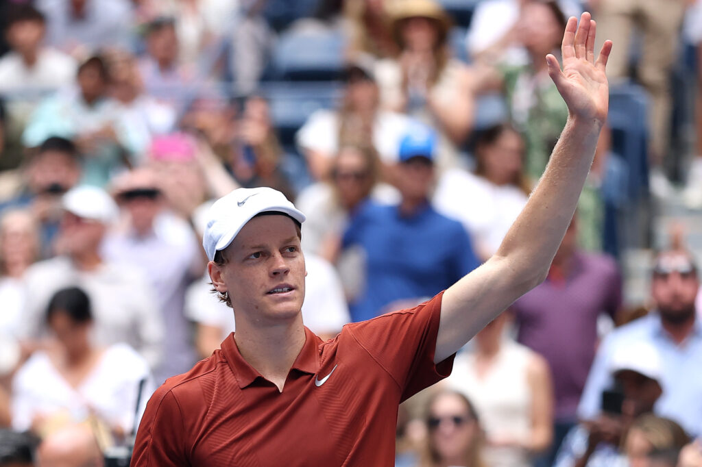 Jannik Sinner of Italy celebrates match point against Vit Kopriva of Czechia during their Men's Singles First Round match on Day Three of the 2025 US Open at USTA Billie Jean King National Tennis Center on August 26, 2025 in the Flushing neighborhood of the Queens borough of New York City.