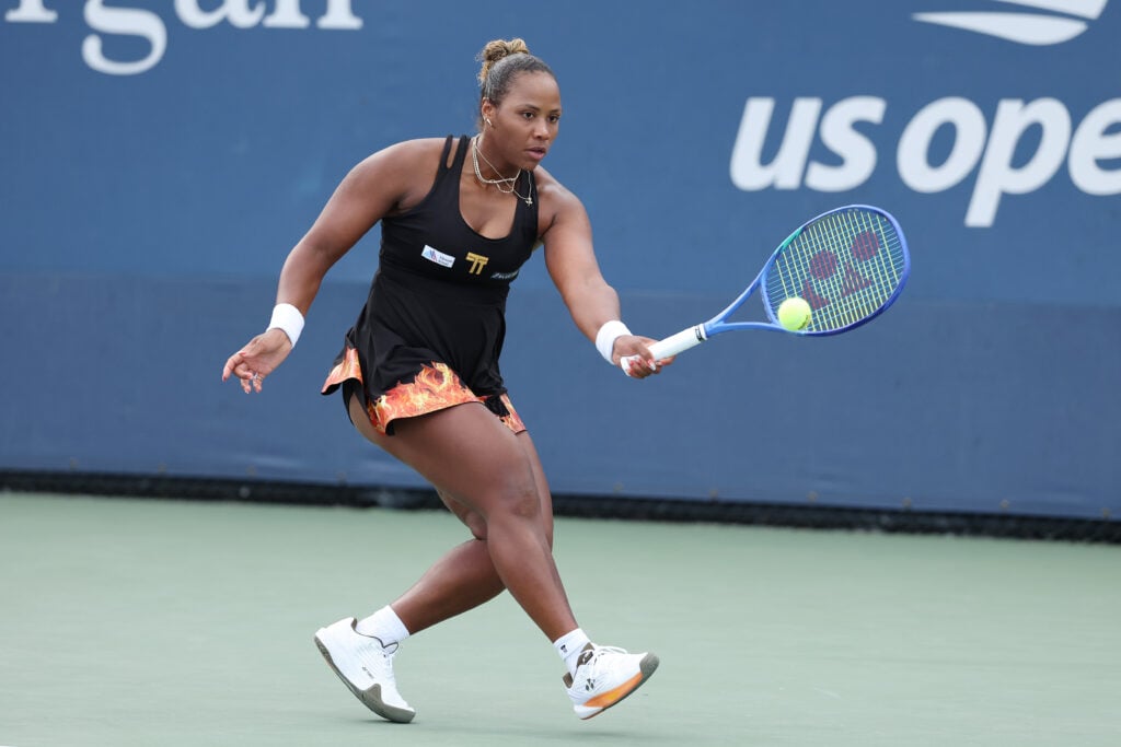 Taylor Townsend of the United States returns against Jelena Ostapenko of Latvia during their Women's Singles Second Round match on Day Four of the 2025 US Open