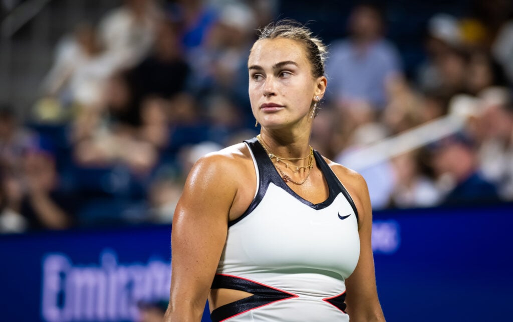 Aryna Sabalenka in action against Cristina Bucsa of Spain in the fourth round on Day 8 of the US Open at USTA Billie Jean King National Tennis Center.