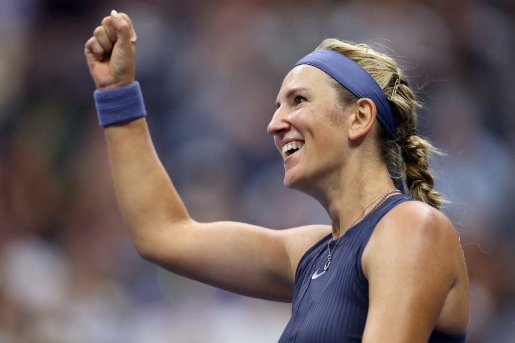Victoria Azarenka reacts against Jessica Pegula of the United States during their Women's Singles Third Round match on Day Six of the 2025 US Open at USTA Billie Jean King National Tennis Center.