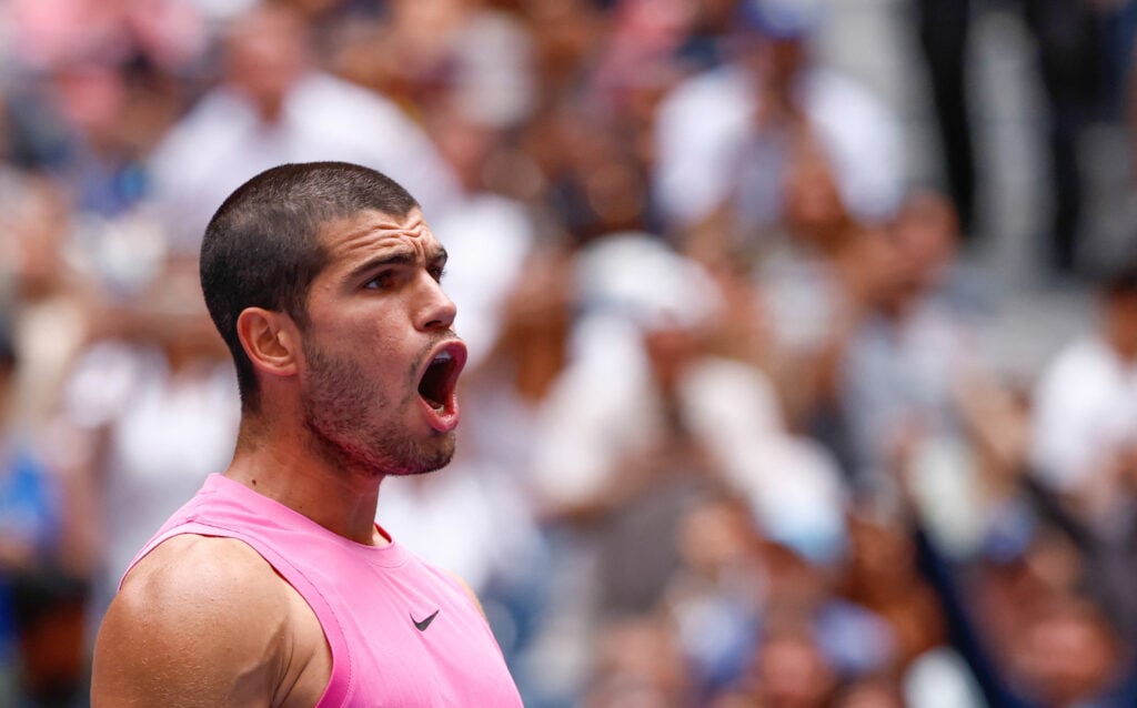 Carlos Alcaraz celebrates his win over Jiri Lehecka at the 2025 US Open.