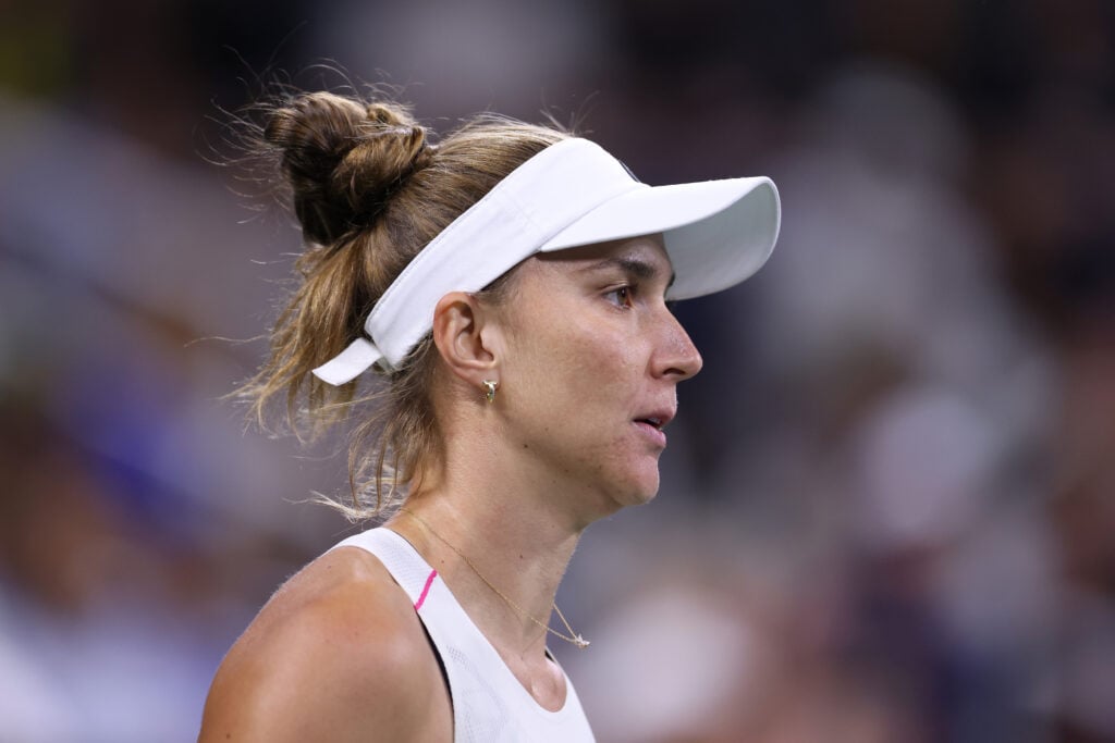 Beatriz Haddad Maia of Brazil looks on against Maria Sakkari of Greece during their Women's Singles Third Round match on Day Seven of the 2025 US Open at USTA Billie Jean King National Tennis Center.
