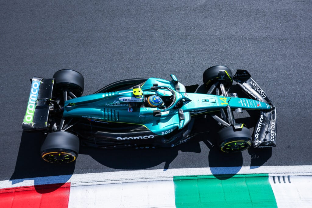 An aerial shot of Aston Martin driver Fernando Alonso's car at the 2025 Formula 1 Italian Grand Prix