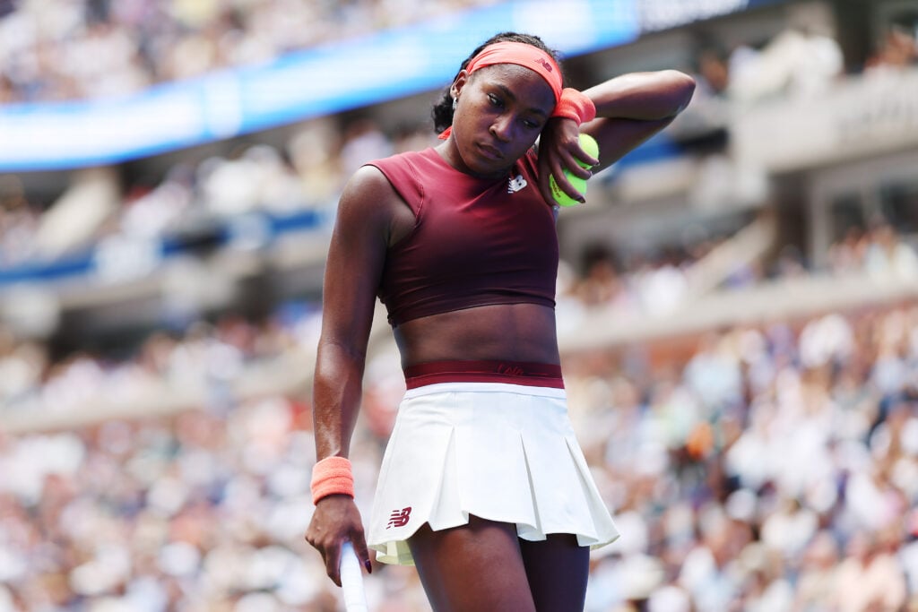 Coco Gauff of the United States reacts against Naomi Osaka of Japan during their Women's Singles Fourth Round match on Day Nine of the 2025 US Open at USTA Billie Jean King National Tennis Center.