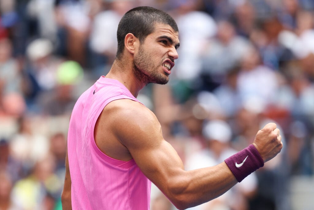 Carlos Alcaraz celebrates his win over Novak Djokovic at the 2025 US Open