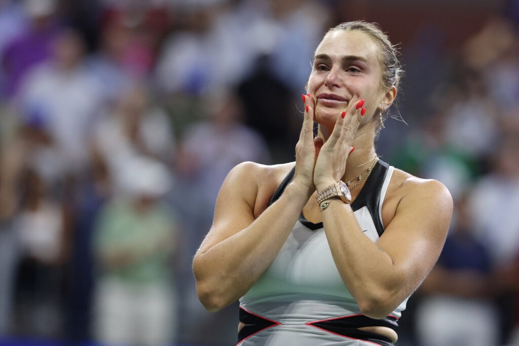 Aryna Sabalenka reacts after beating Amanda Anisimova in the US Open final.