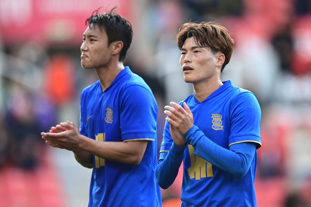 Seung-ho Paik & Kyogo Furuhashi of Birmingham City (R) applaud the fans at the end of the Sky Bet Championship match between Stoke City and Birmingham City at Bet365 Stadium