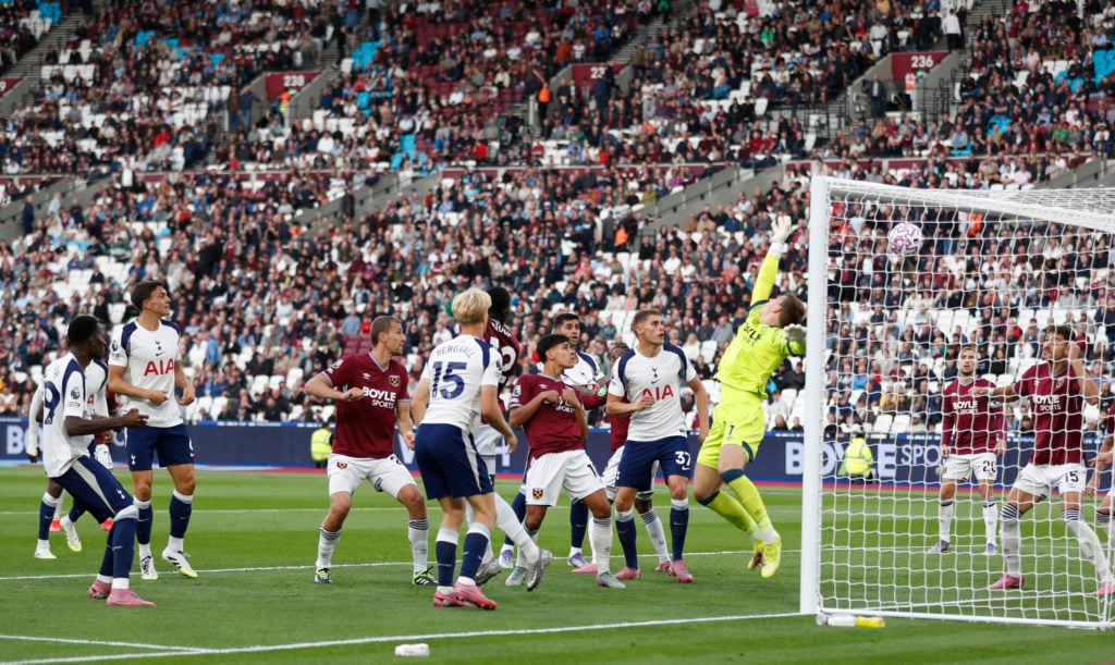 Mads Hermansen is beaten as Spurs score from a corner against West Ham
