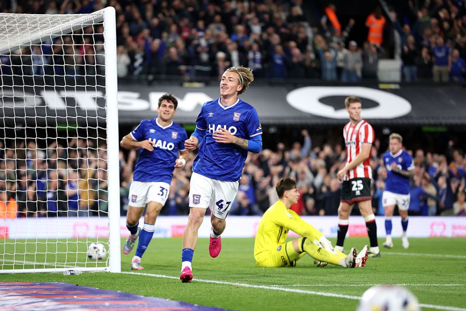IPSWICH, ENGLAND - SEPTEMBER 12: Jack Clarke of Ipswich Town celebrates scoring his team's fifth goal during the Sky Bet Championship match between Ipswich Town and Sheffield United at Portman Road on September 12, 2025 in Ipswich, England. (Photo by Justin Setterfield/Getty Images)