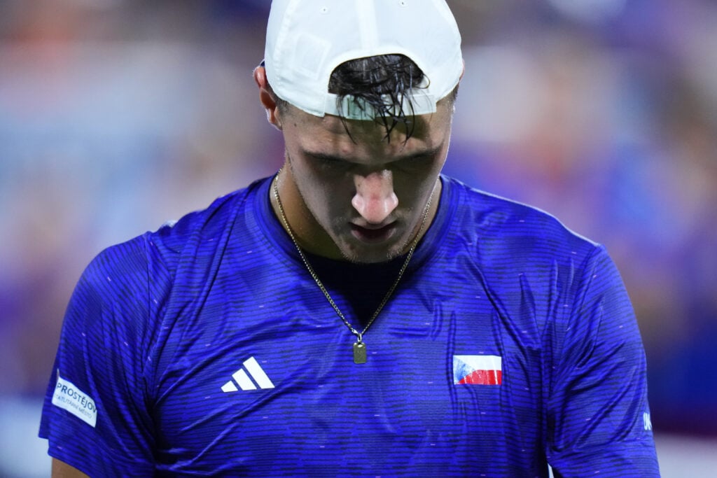 Jakub Mensik reacts during his defeat to Taylor Fritz at the 2025 Davis Cup