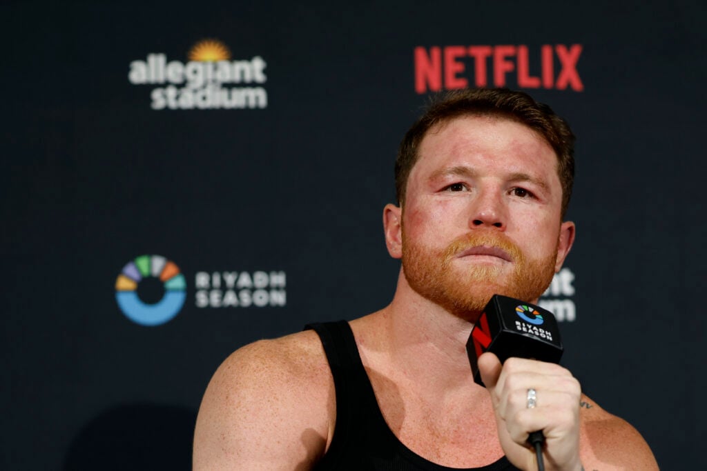 Canelo Alvarez speaks with assembled media during a post-fight press conference after his super middleweight title fight with Terence Crawford in Las Vegas, Nevada.