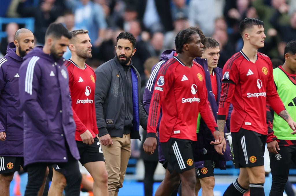 Ruben Amorim looks on after losing the Premier League match between Manchester City and Manchester United at the Etihad Stadium in 2025 in Manchester, England.