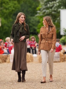 WINDSOR, ENGLAND - SEPTEMBER 18: Catherine, Princess of Wales (left) and First Lady Melania Trump after meeting members of the Scouts' Squirrels programme in Frogmore Gardens in Windsor, Berkshire, during the State visit by the President of the United States of America and U.S. First Lady Melania Trump, on September 18, 2025 in Windsor, England. (Photo by Yui Mok - WPA Pool/Getty Images)