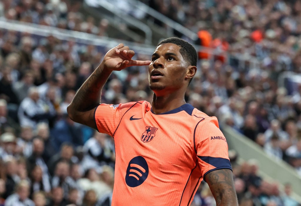 Manchester United and England player Marcus Rashford celebrates during the Champions League match between Newcastle United and Barcelona at St James’ Park in 2025 in Newcastle upon Tyne, England.