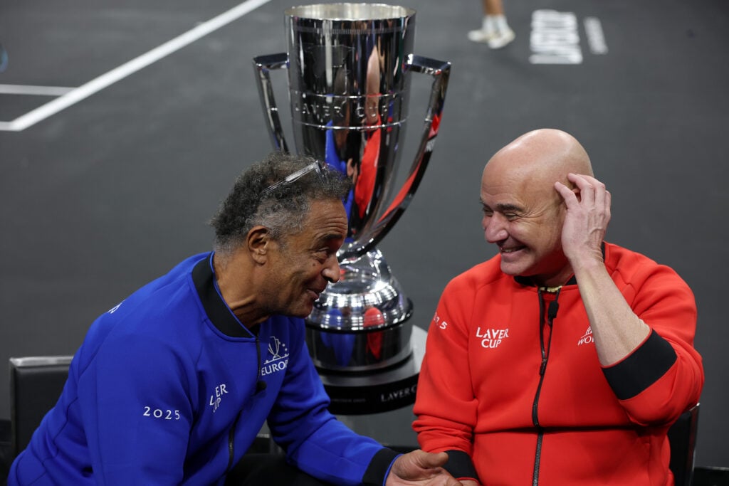 Team Europe Captain Yannick Noah and Team World Captain Andre Agassi react as they speak to the media prior to the start of the Laver Cup 2025 at Chase Center.