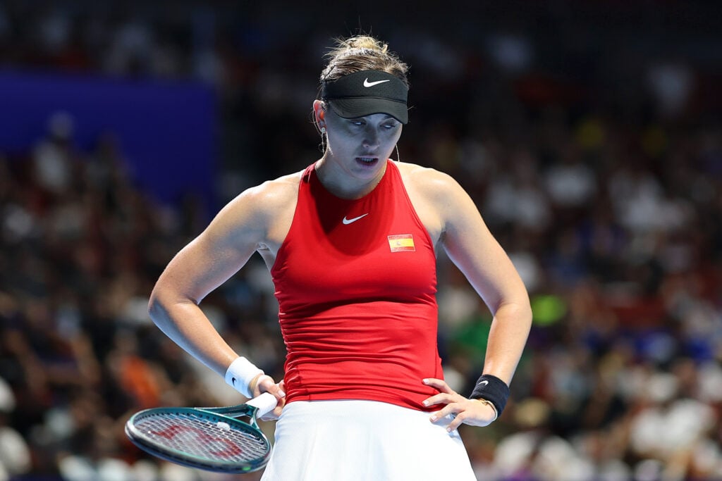 Paula Badosa Gibert of Spain reacts during match 2 against Elina Svitolina of Ukraine in the Billie Jean King Cup by Gainbridge Finals 2025, Quarter-Final match between Spain and Ukraine at Shenzhen Bay Sports Centre Arena.