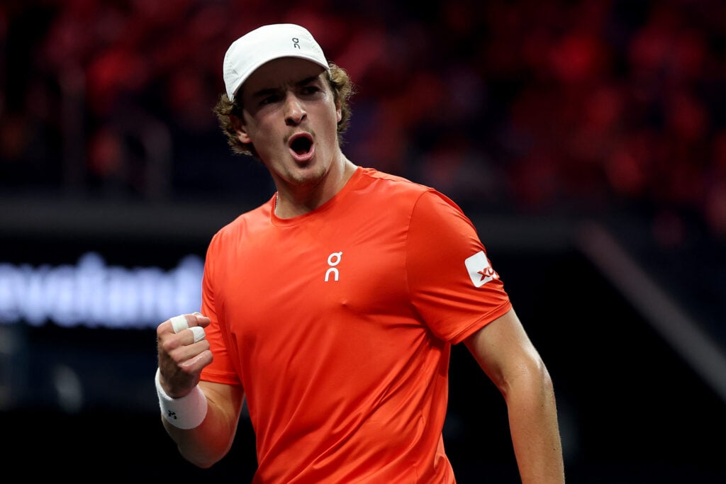 Joao Fonseca celebrates during his win over Flavio Cobolli at the 2025 Laver Cup