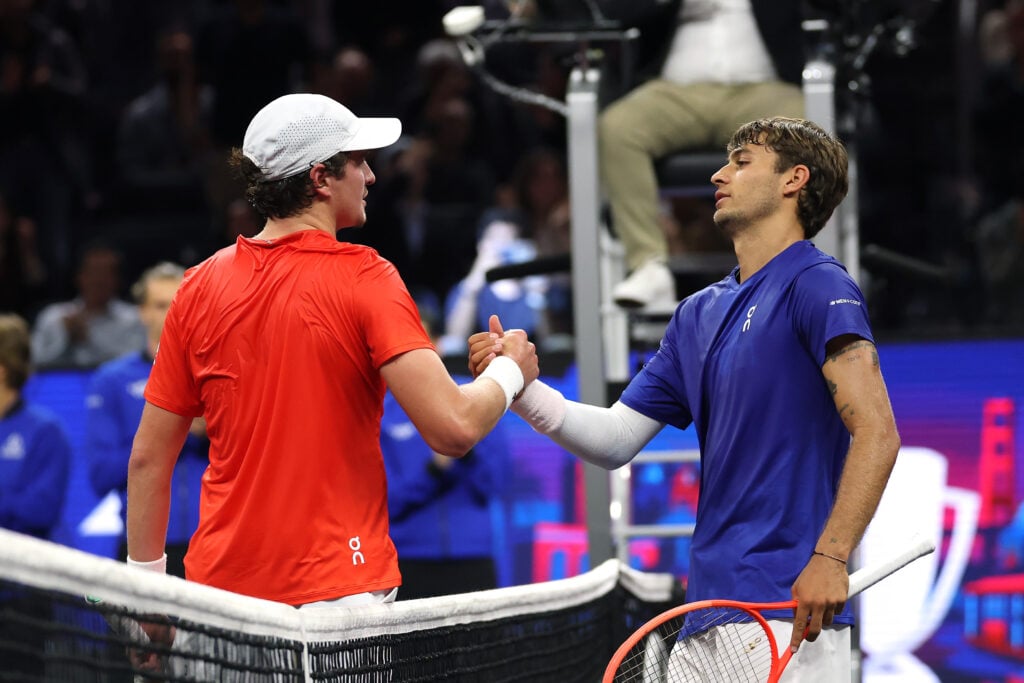 Joao Fonseca and Flavio Cobolli shake hands after their match at the Laver Cup.