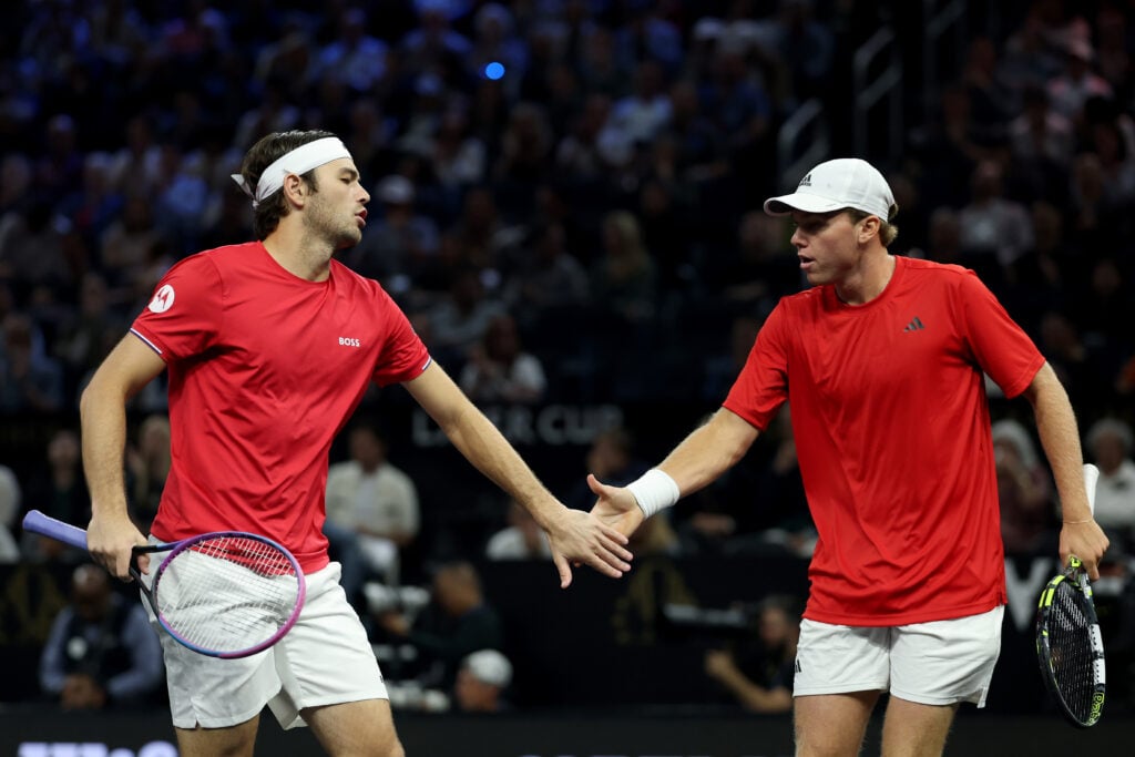 Taylor Fritz and Alex Michelsen celebrate at the 2025 Laver Cup