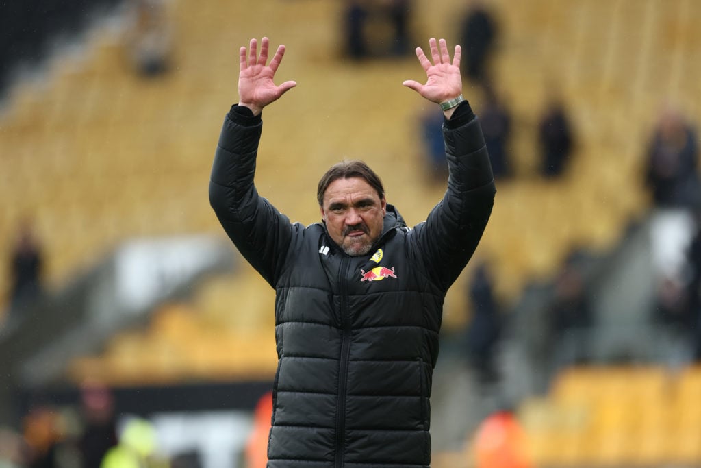 Daniel Farke, Manager of Leeds United, acknowledges the fans following his side's victory in the Premier League match between Wolverhampton Wanderers and Leeds United