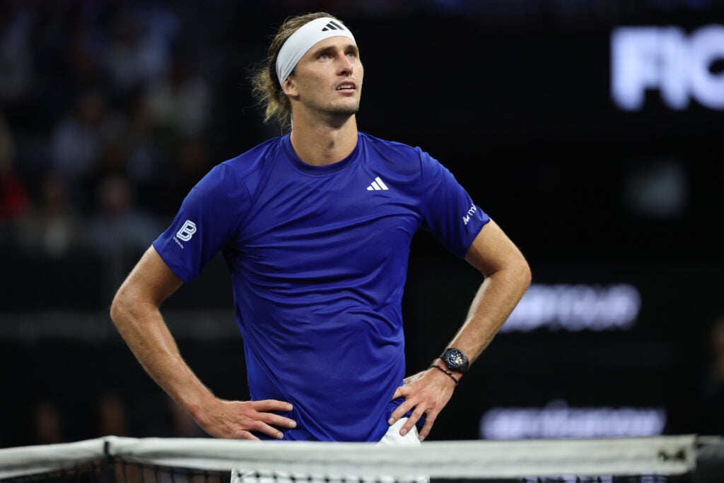 Alexander Zverev of Team Europe reacts against Alex De Minaur of Team World during day two of Laver Cup 2025 at Chase Center.