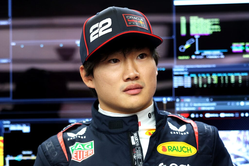 Red Bull driver Yuki Tsunoda in the garage at the 2025 Formula 1 Azerbaijan Grand Prix