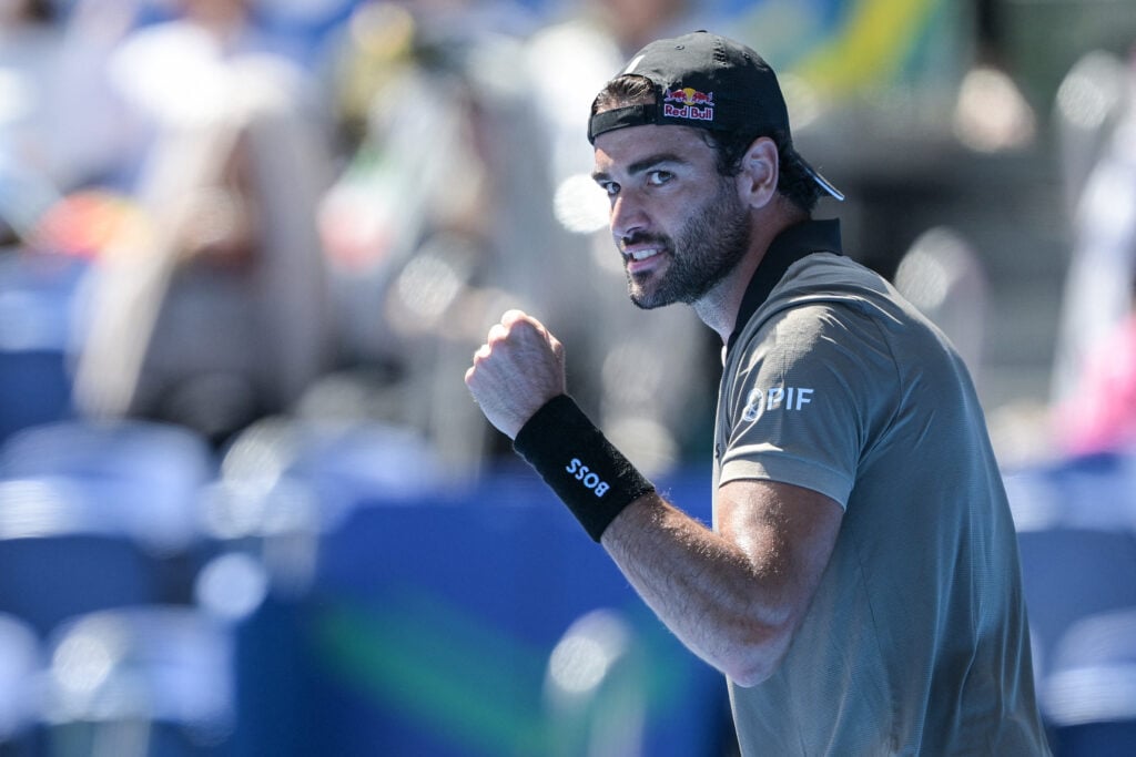 Matteo Berrettini celebrates a point against Spain's Jaume Munar during their men's singles round-of-32 match at the ATP Japan Open tennis tournament in Tokyo.