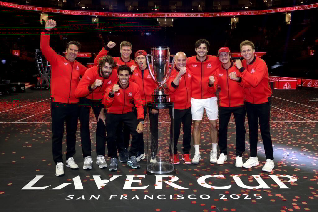 Team World Vice Captain Patrick Rafter, Reilly Opelka of Team World, Francisco Cerundolo of Team World, Jenson Brooksby of Team World, Alex De Minaur of Team World, Team World Captain Andre Agassi, Taylor Fritz of Team World, Joao Fonseca of Team World, and Alex Michelsen of Team World poses with the Laver Cup Trophy during day three of Laver Cup 2025 at Chase Center.