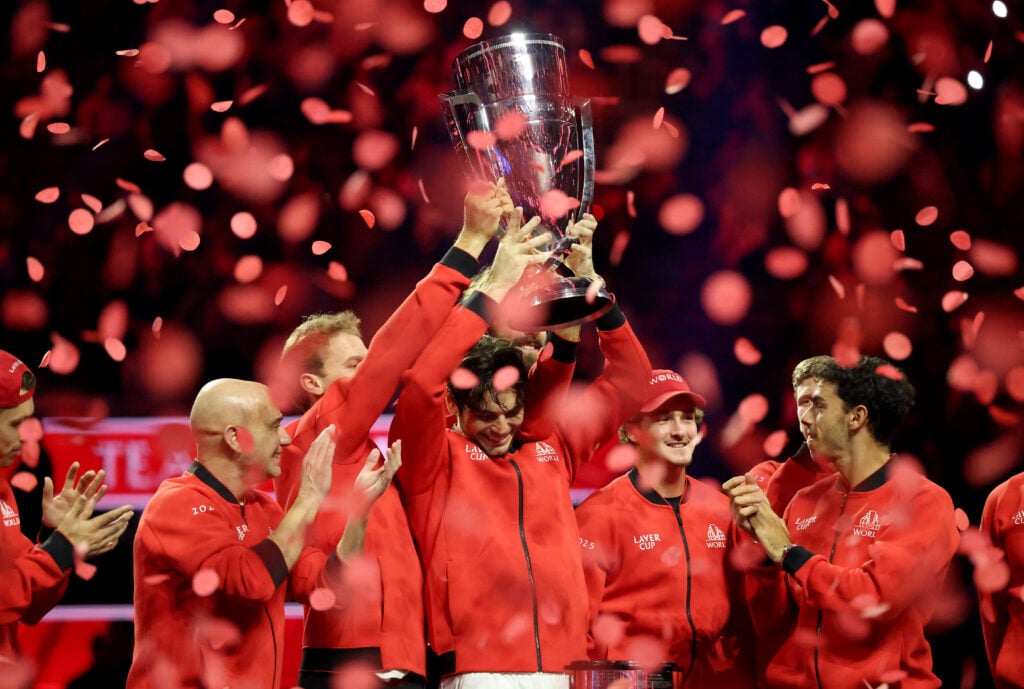 Taylor Fritz hoisting the Laver Cup for Team World.