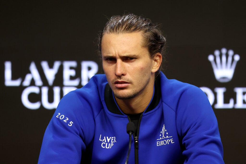 Alexander Zverev of Team Europe speaks during day three of Laver Cup 2025 at Chase Center.