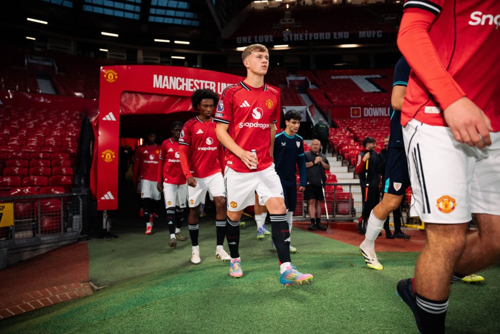 Jim Thwaites of Manchester United walks out prior to the Premier League International Cup match between Manchester United U21 & Athletic Club de Bilbao B at Old Trafford on September 24, 2025