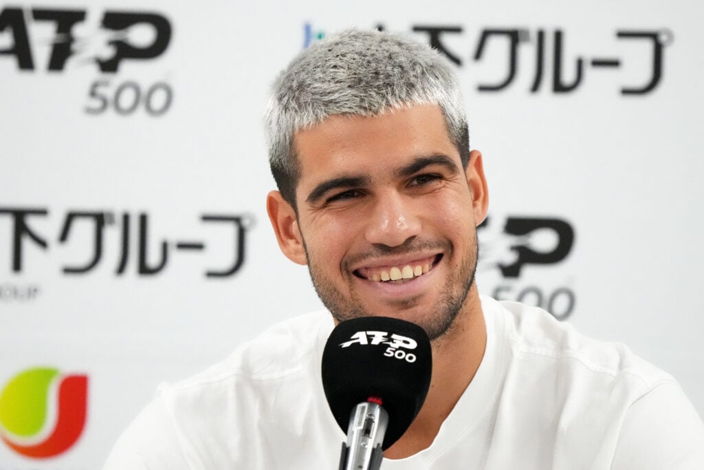 Carlos Alcaraz of Spain speaks to members of the media on day one of Kinoshita Group Japan Open at Ariake Colosseum.