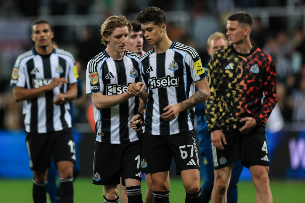 Anthony Gordon and Lewis Miley shake hands after Newcastle United's Carabao Cup win over Bradford City.