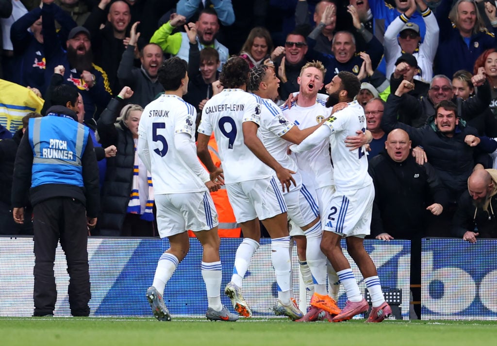 The Leeds players celebrate a goal v Bournemouth,